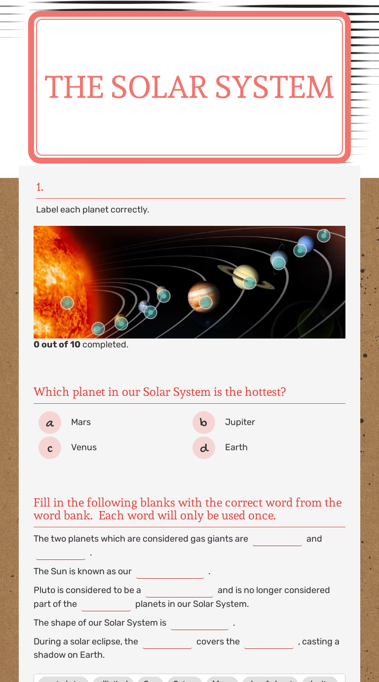 The Solar system worksheet preview image