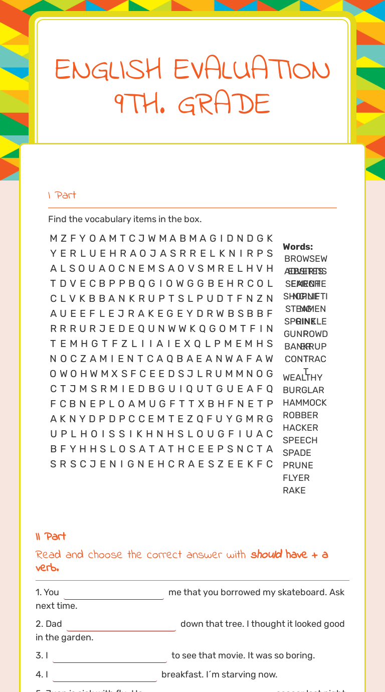 English Evaluation
9th. Grade worksheet preview