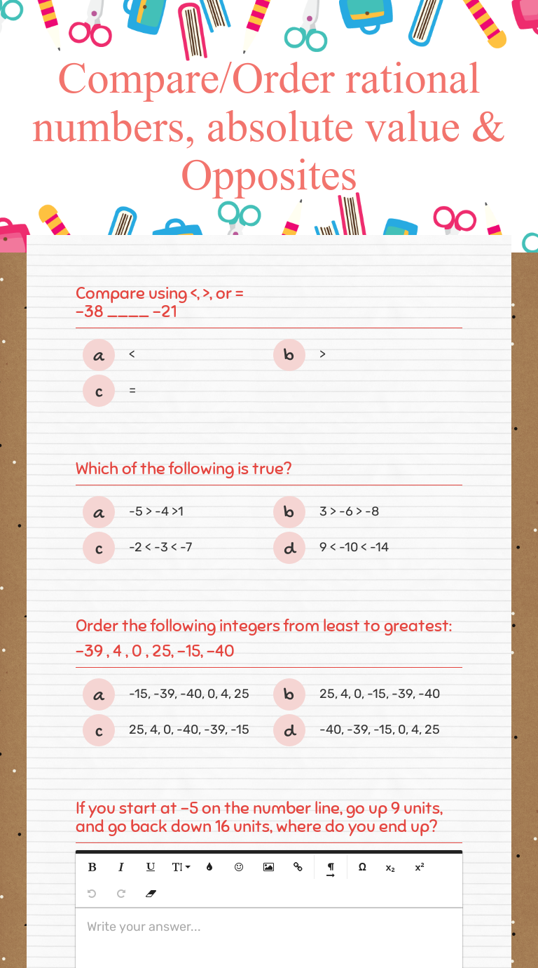 Compare Order Rational Numbers Absolute Value Opposites Interactive Worksheet By Chelsea 