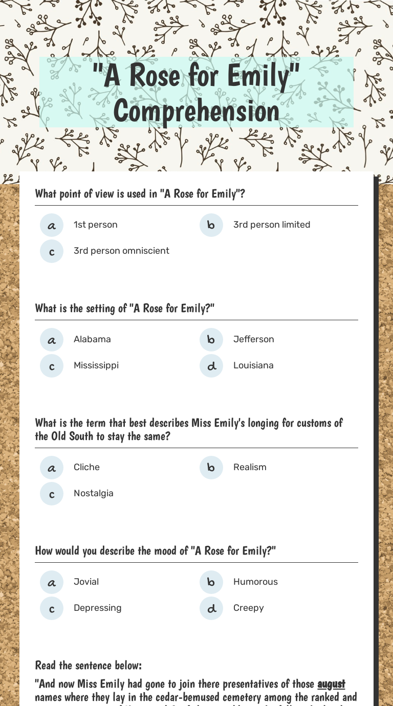 "A Rose for Emily" Comprehension Grade 11 worksheet preview