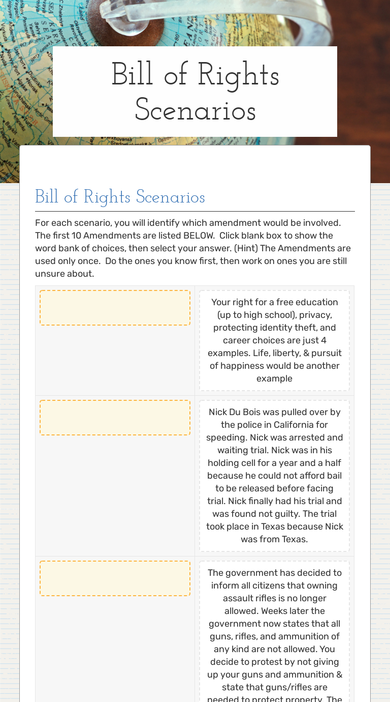 Bill of Rights Scenarios  Interactive Worksheet by Wendy Luck Regarding Bill Of Rights Scenarios Worksheet
