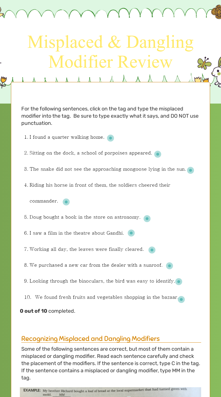 Misplaced Dangling Modifier Review Interactive Worksheet by Megan