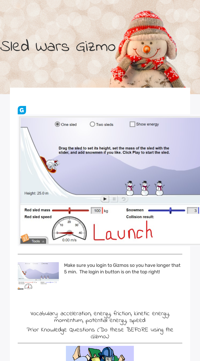 Sled Wars Gizmo Interactive Worksheet By Treasa Mcdaniel Wizer Me