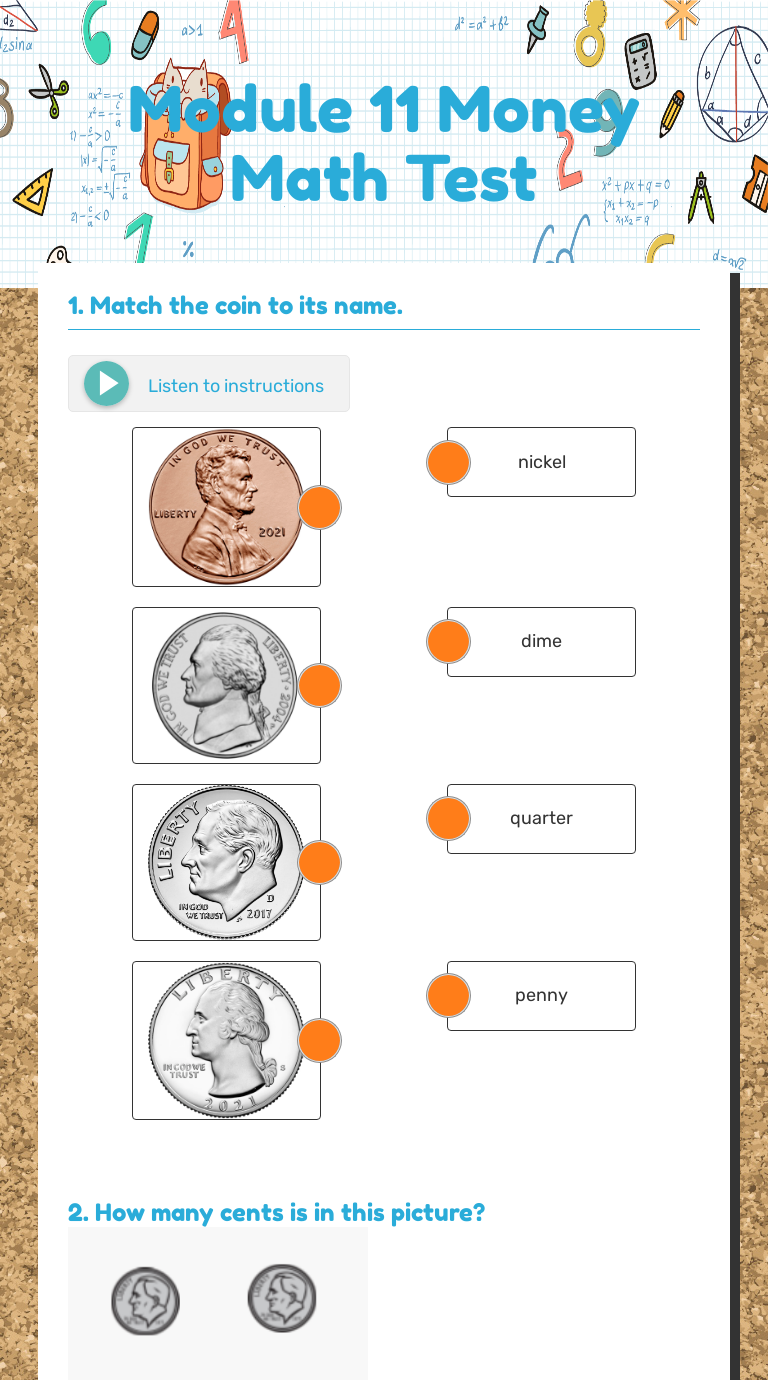 Module 11 Money Math Test Grade 2 worksheet preview