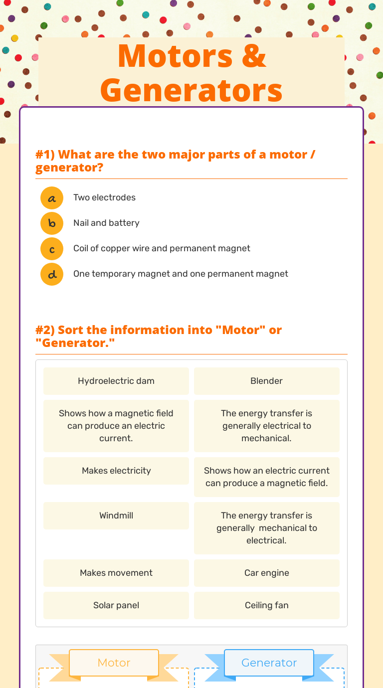 Motors & Generators Grade 8 worksheet preview
