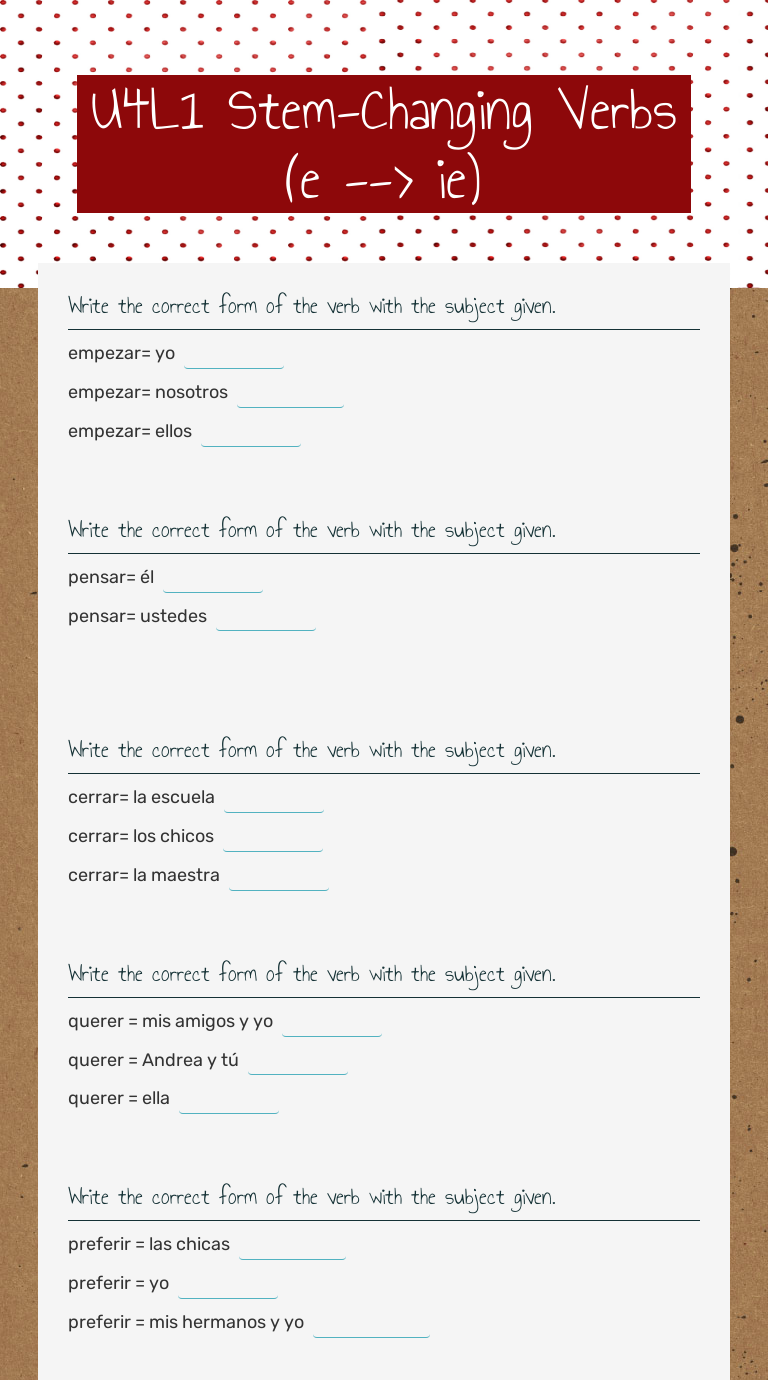 Interactive Worksheets  Wizer.me Intended For Stem Changing Verbs Worksheet