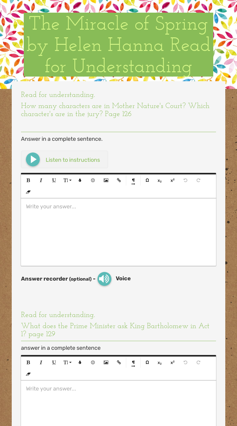 The Miracle of Spring by Helen Hanna Read for Understanding