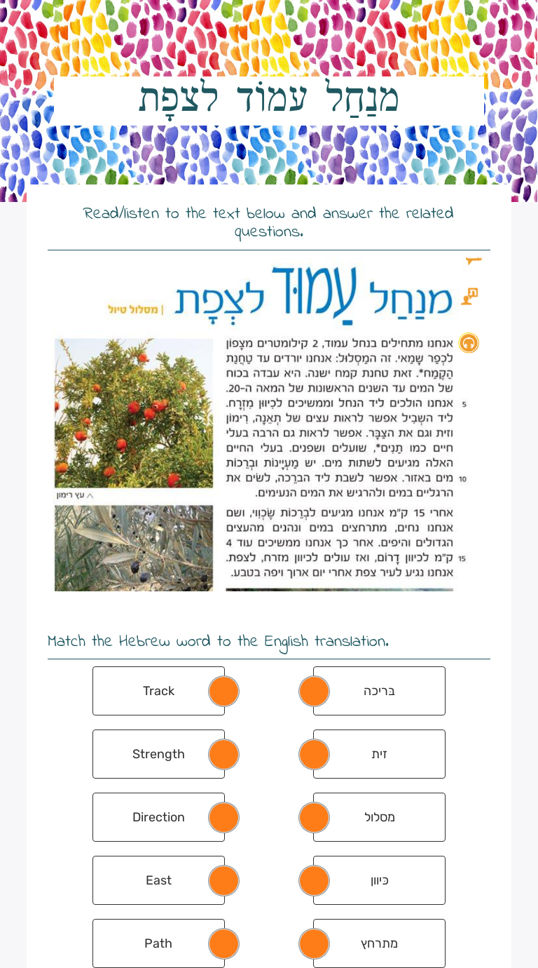 מנַחַל עמוֹד לצפָת worksheet preview image