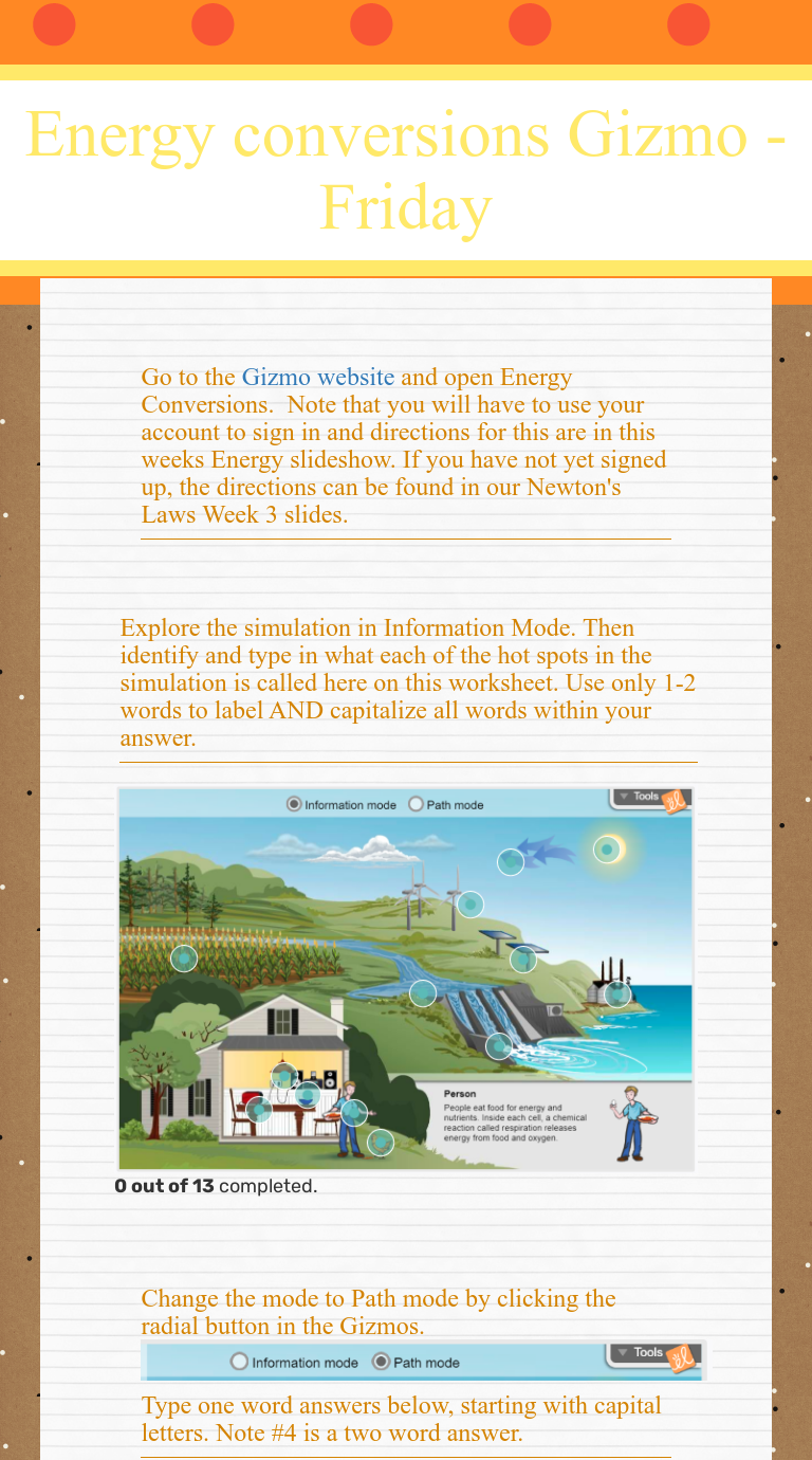 Energy Conversions Gizmo Friday Interactive Worksheet By Joellen Paterson Wizer Me