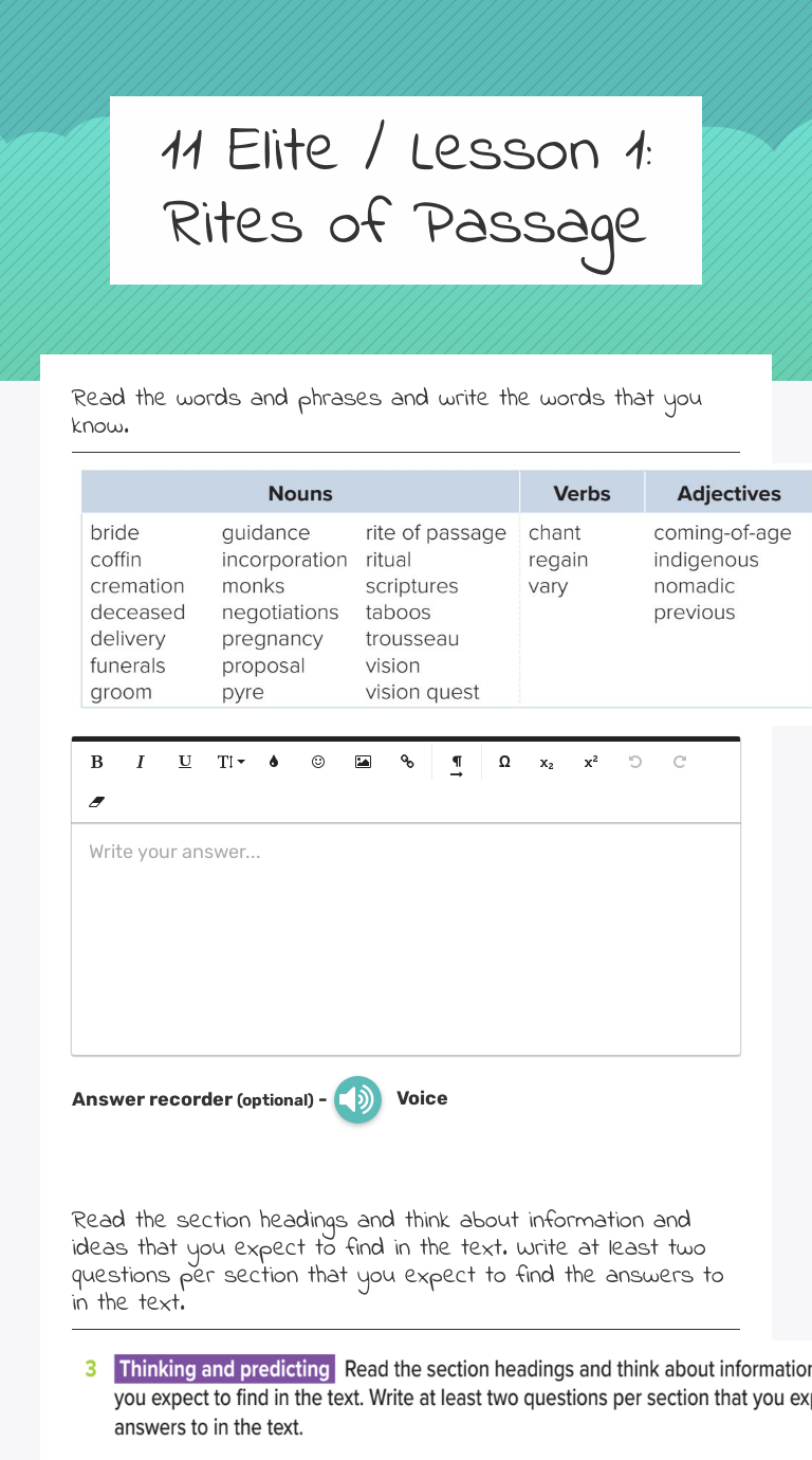 11 Elite Lesson 1 Rites Of Passage Interactive Worksheet By Jalila Sfaxi Wizer Me