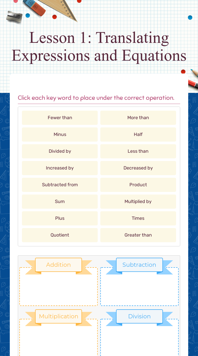 Lesson 1: Translating Expressions and Equations worksheet preview image