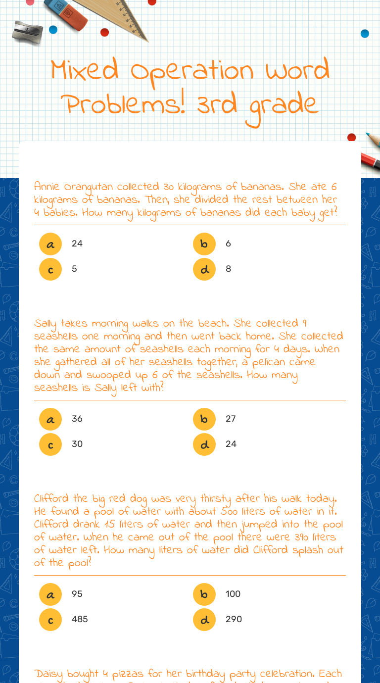 Mixed Operation Word Problems Grade 3