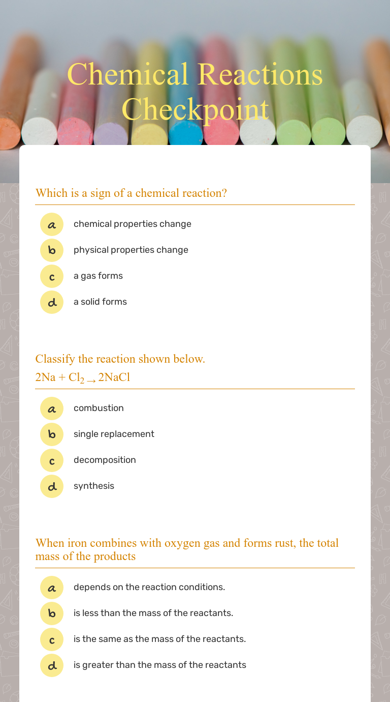 Chemical Reactions Checkpoint  Interactive Worksheet by Courtney Within Classifying Chemical Reactions Worksheet Answers
