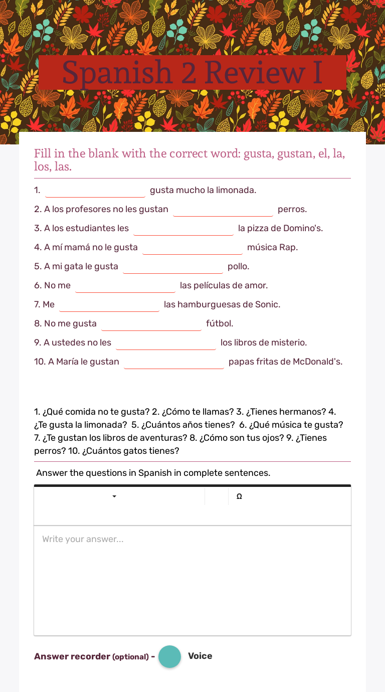 Spanish 2 Review I | Interactive Worksheet by Iris Gonzalez | Wizer.me
