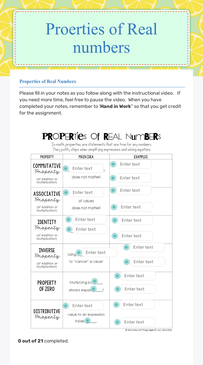 Proerties of Real numbers Grade 9 worksheet preview