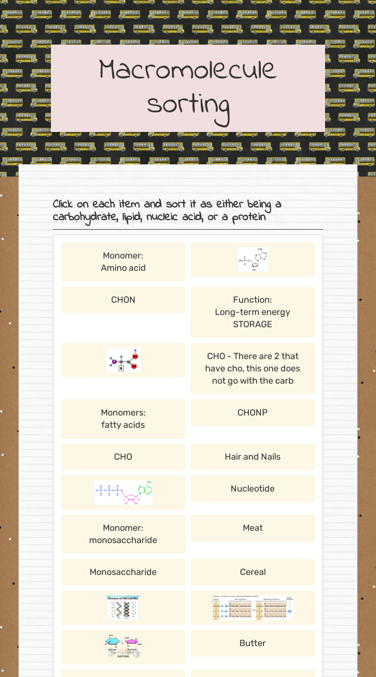 Macromolecule sorting Interactive Worksheet by Emily Ferraro Wizer me