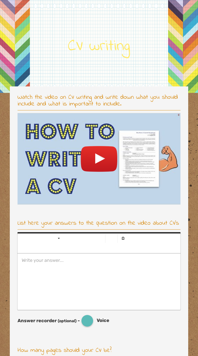 CV writing worksheet preview image