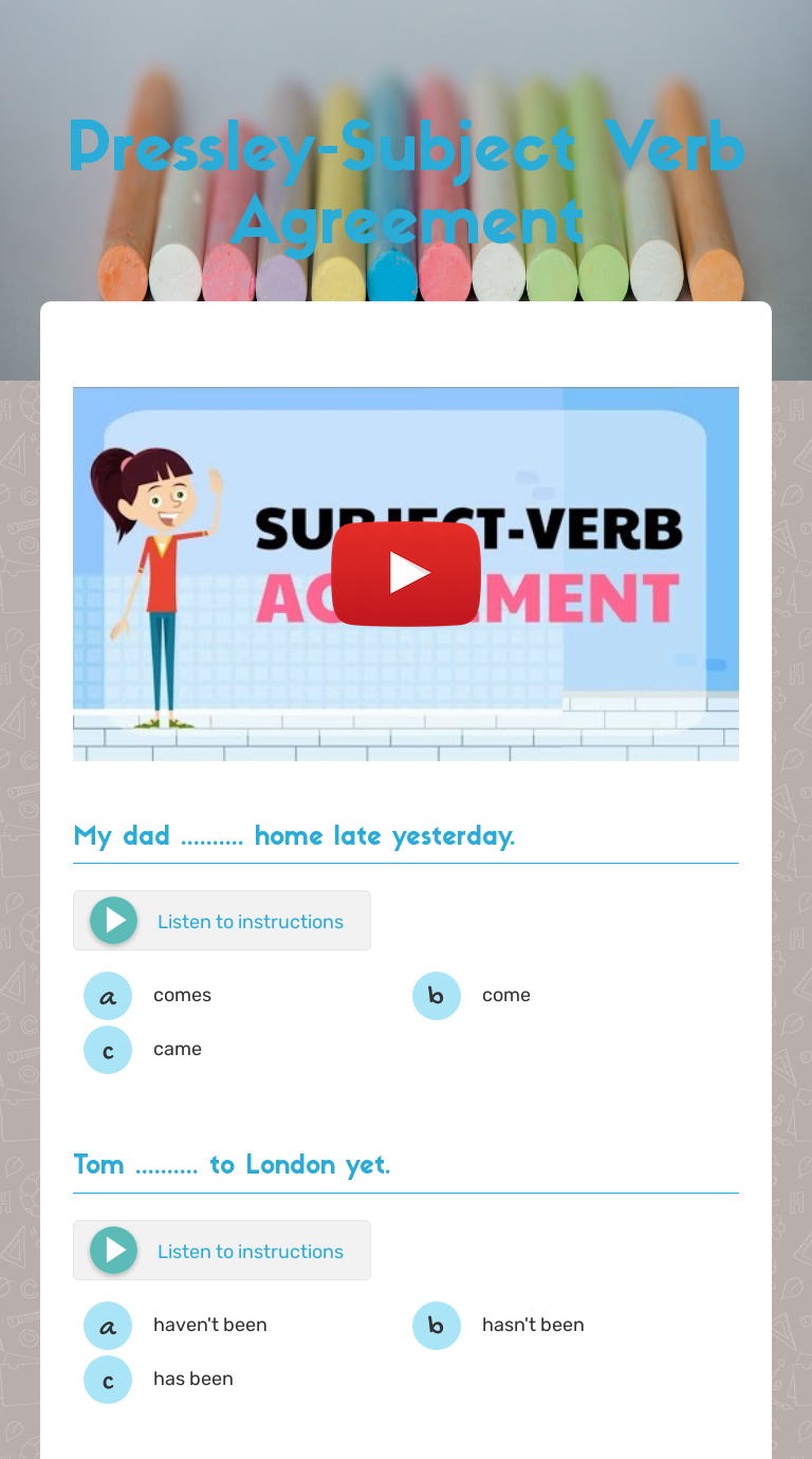 Pressley-Subject Verb Agreement | Interactive Worksheet By Rachel ...