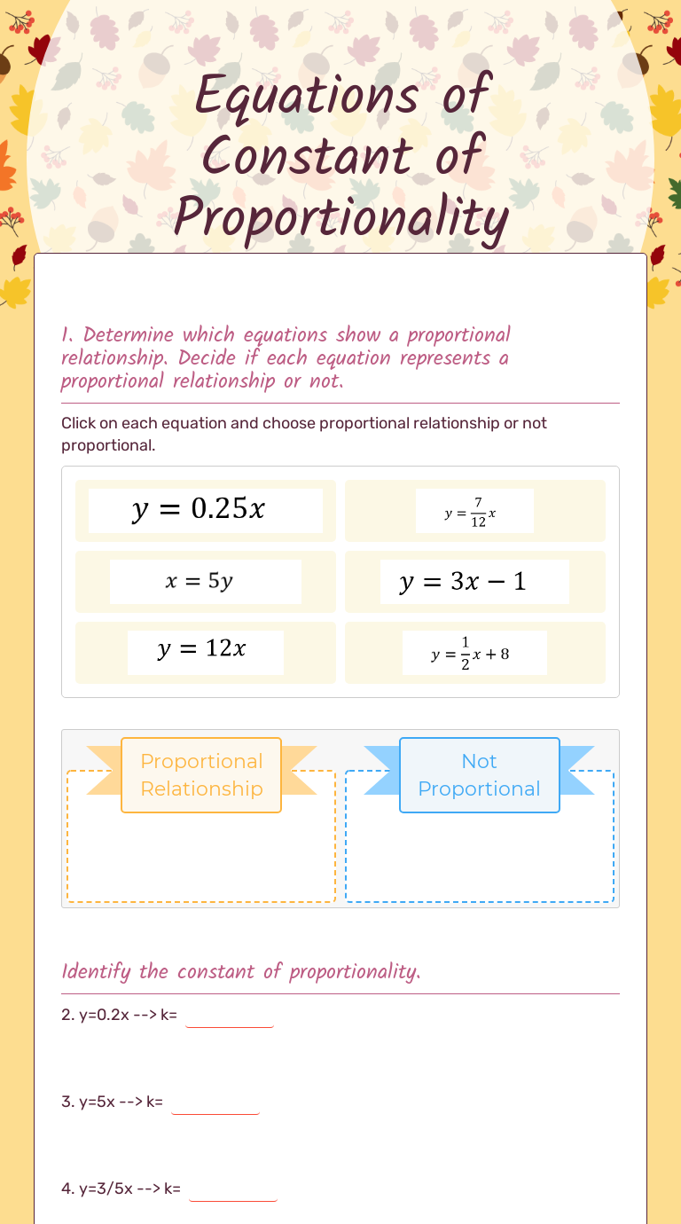 Equations of Constant of Proportionality  Interactive Worksheet Within Constant Of Proportionality Worksheet