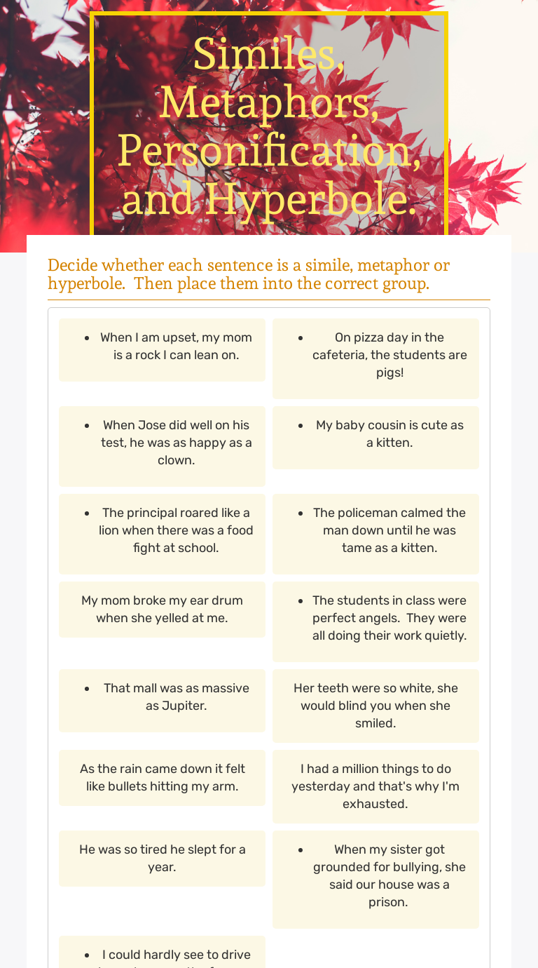 Similes, Metaphors, Personification, and Hyperbole.  Interactive For Simile Metaphor Personification Worksheet