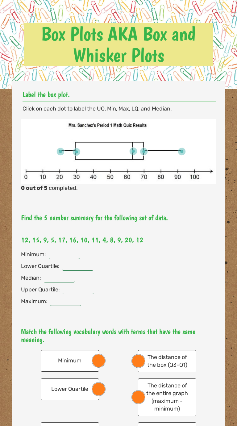 Box Plots AKA Box and Whisker Plots Interactive Worksheet by Lindsey Watson Wizer.me