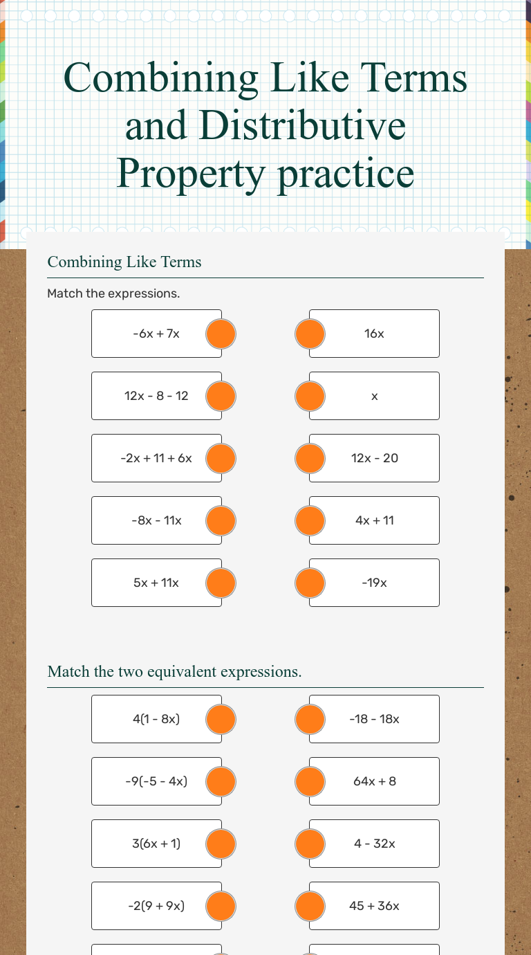 Combining Like Terms and Distributive Property practice With Regard To Combining Like Terms Practice Worksheet