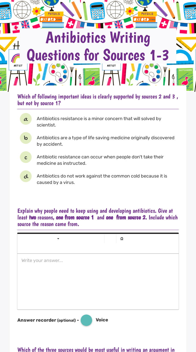 Antibiotics Writing Questions For Sources 1 3 Interactive Worksheet By Rebekah Cole Wizer Me