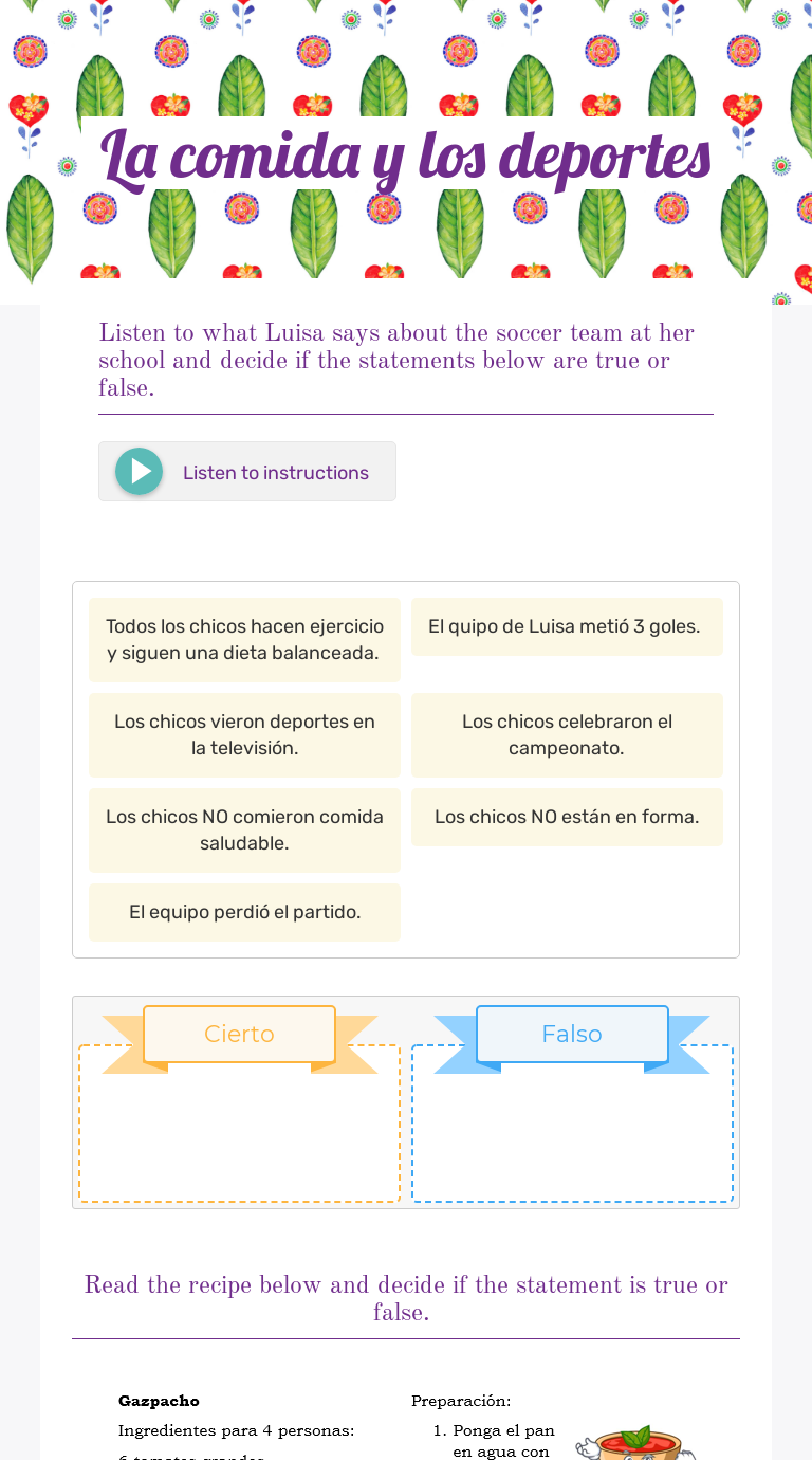 La comida y los deportes Grade 6 worksheet preview
