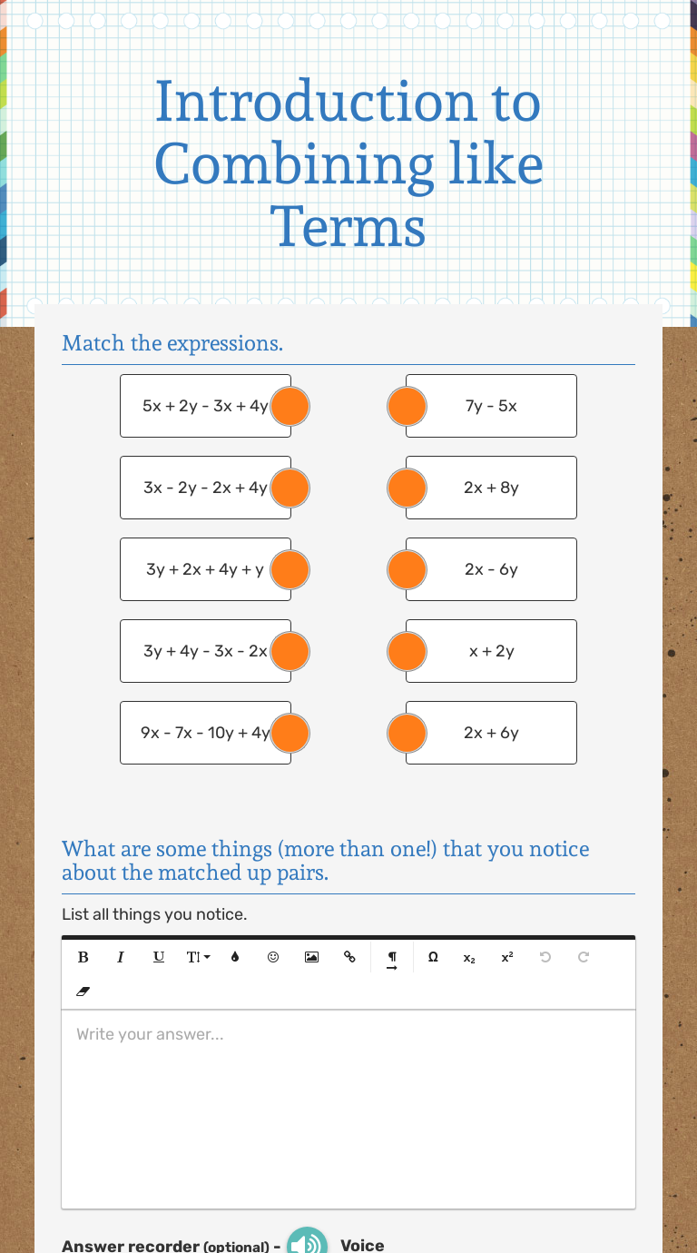 Introduction to Combining like Terms Interactive Worksheet by Mrs