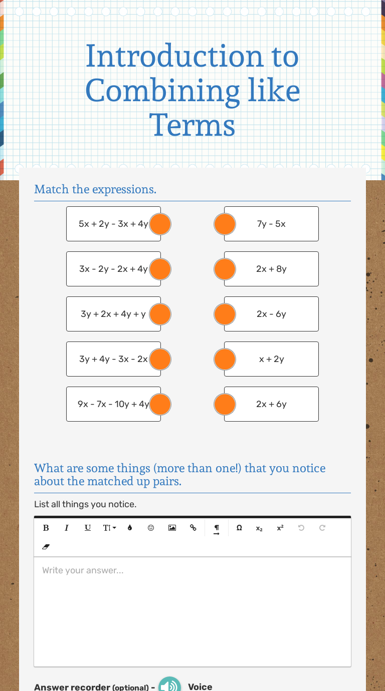 Introduction To Combining Like Terms Interactive Worksheet By Mrs Falcone Wizerme 6450