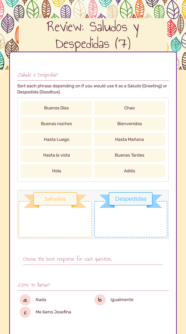 Review: Saludos y Despedidas (7) worksheet preview image