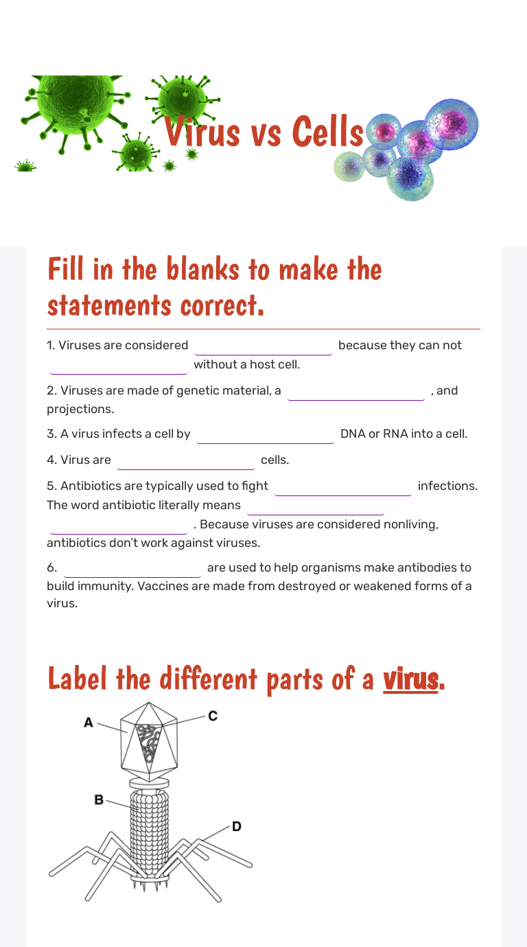 Virus vs Cells  Interactive Worksheet by Jaqueline Gonzalez For Virus And Bacteria Worksheet