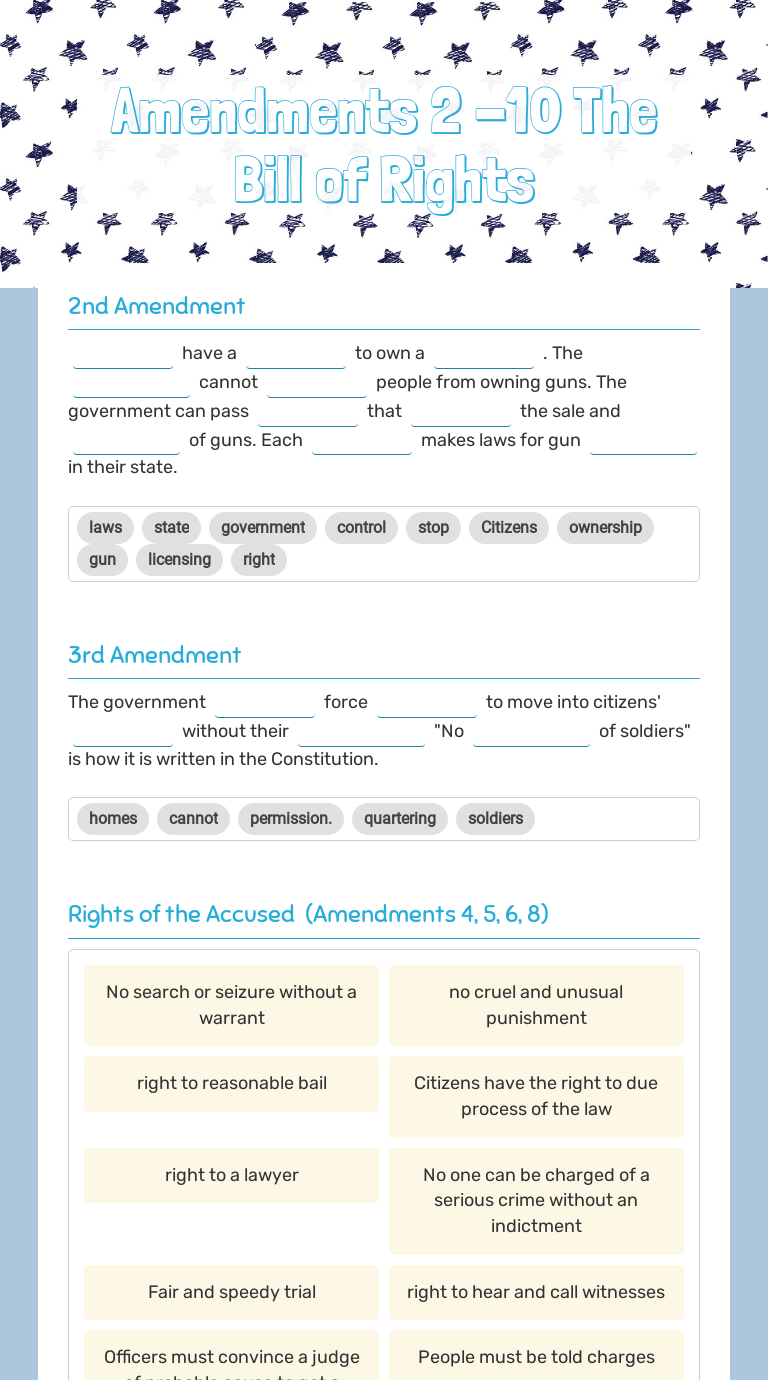 Amendments 2 -10      The Bill of Rights Grade 7 worksheet preview