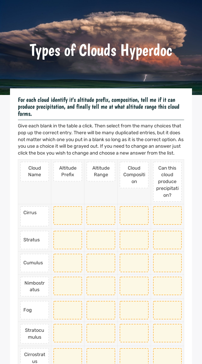 Types of Clouds Hyperdoc worksheet preview image