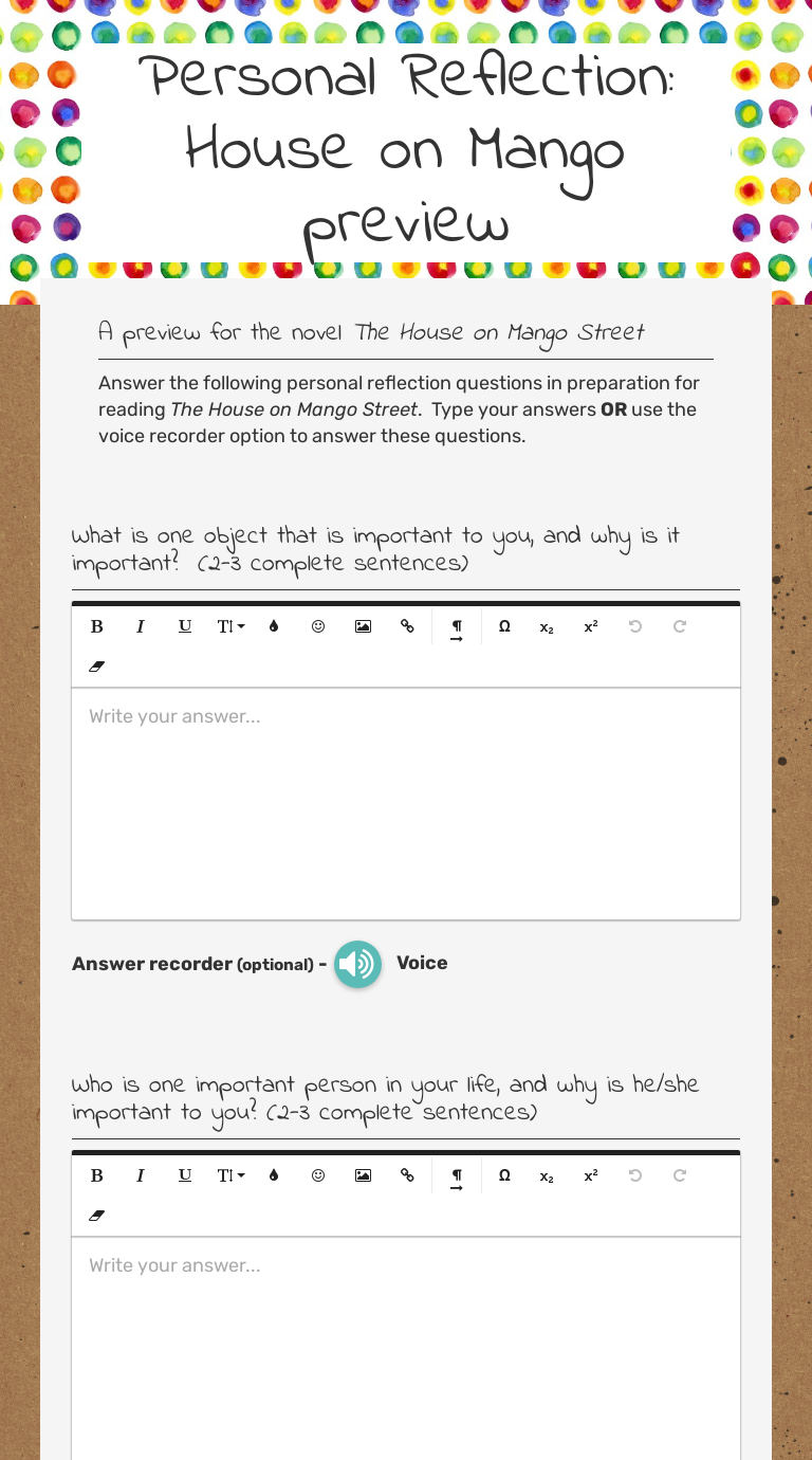 Personal Reflection: House on Mango preview worksheet preview image