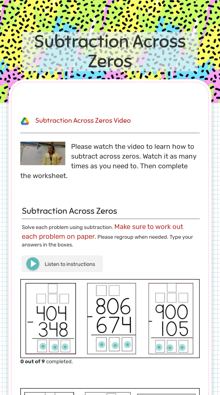 Subtraction Across Zeros  Interactive Worksheet by Cynthia Dortch With Subtracting Across Zeros Worksheet