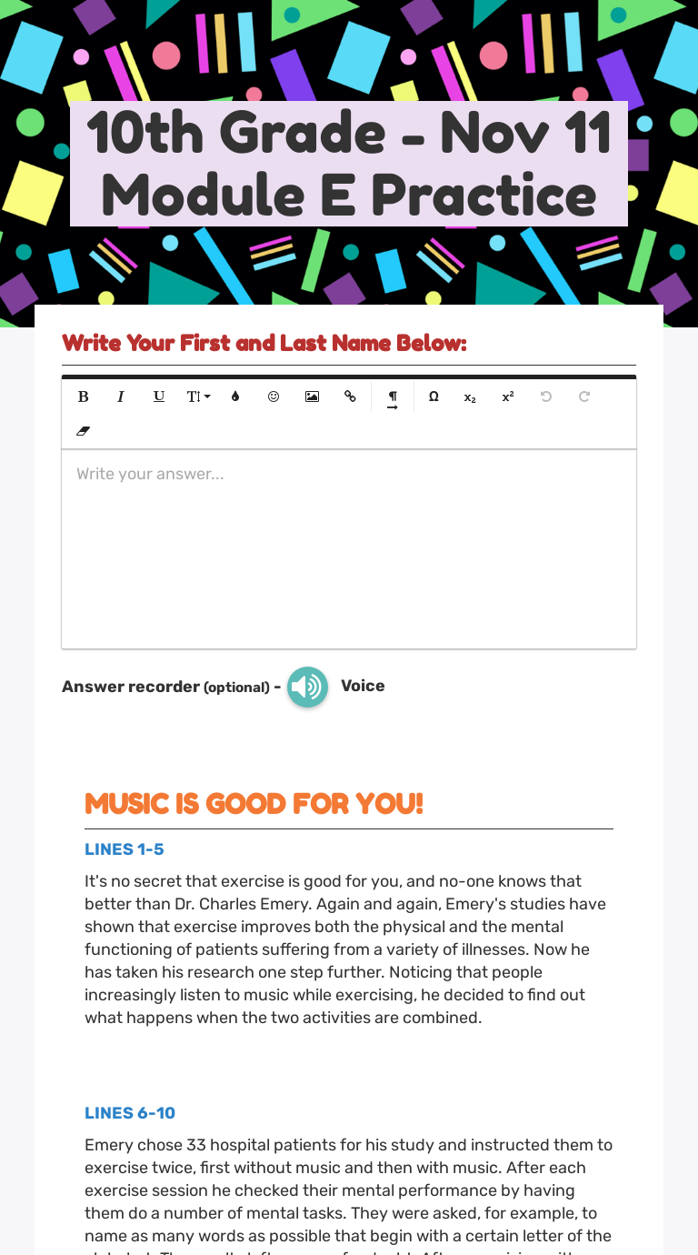 10th Grade Nov 11 Module E Practice Interactive Worksheet By Howard Lear Wizer Me