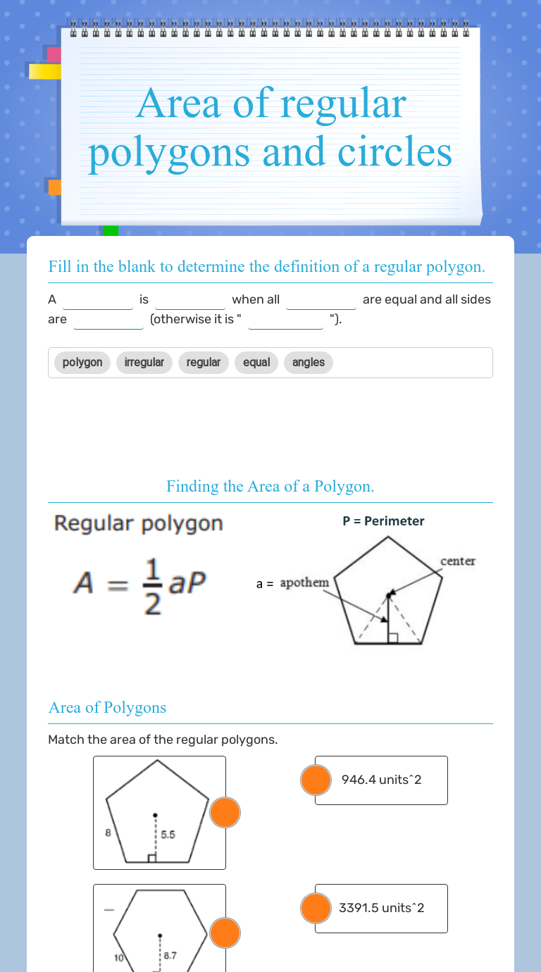 Area of regular polygons and circles  Interactive Worksheet by For Area Of Regular Polygons Worksheet