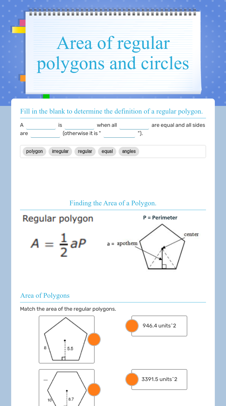 Area of regular polygons and circles  Interactive Worksheet by Regarding Area Of Regular Polygons Worksheet