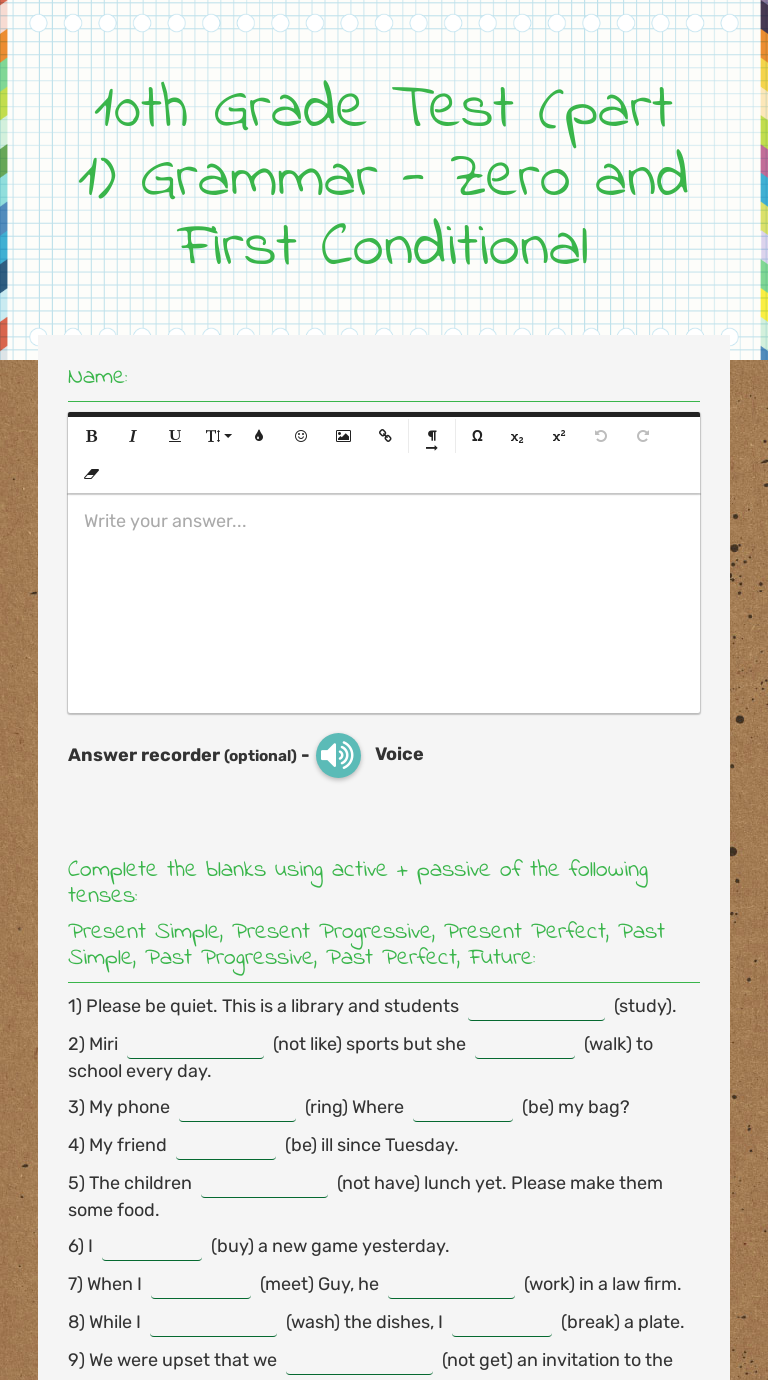 10th Grade Test (part 1) Grammar Zero and First Conditional