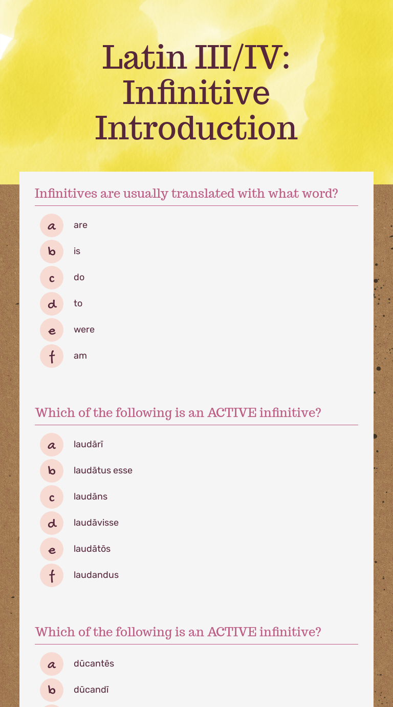 Latin III/IV: Infinitive Introduction Grade 10 worksheet preview