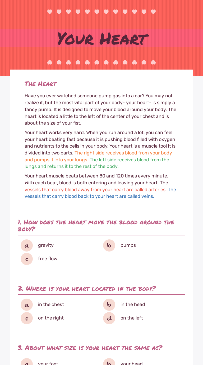Your Heart Grade 7 worksheet preview