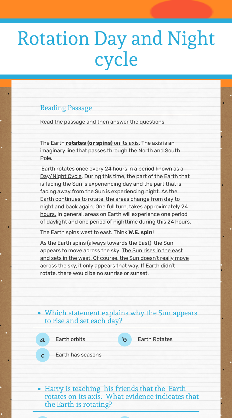Rotation Day and Night cycle Interactive Worksheet by Dumasia Boyd Wizer.me