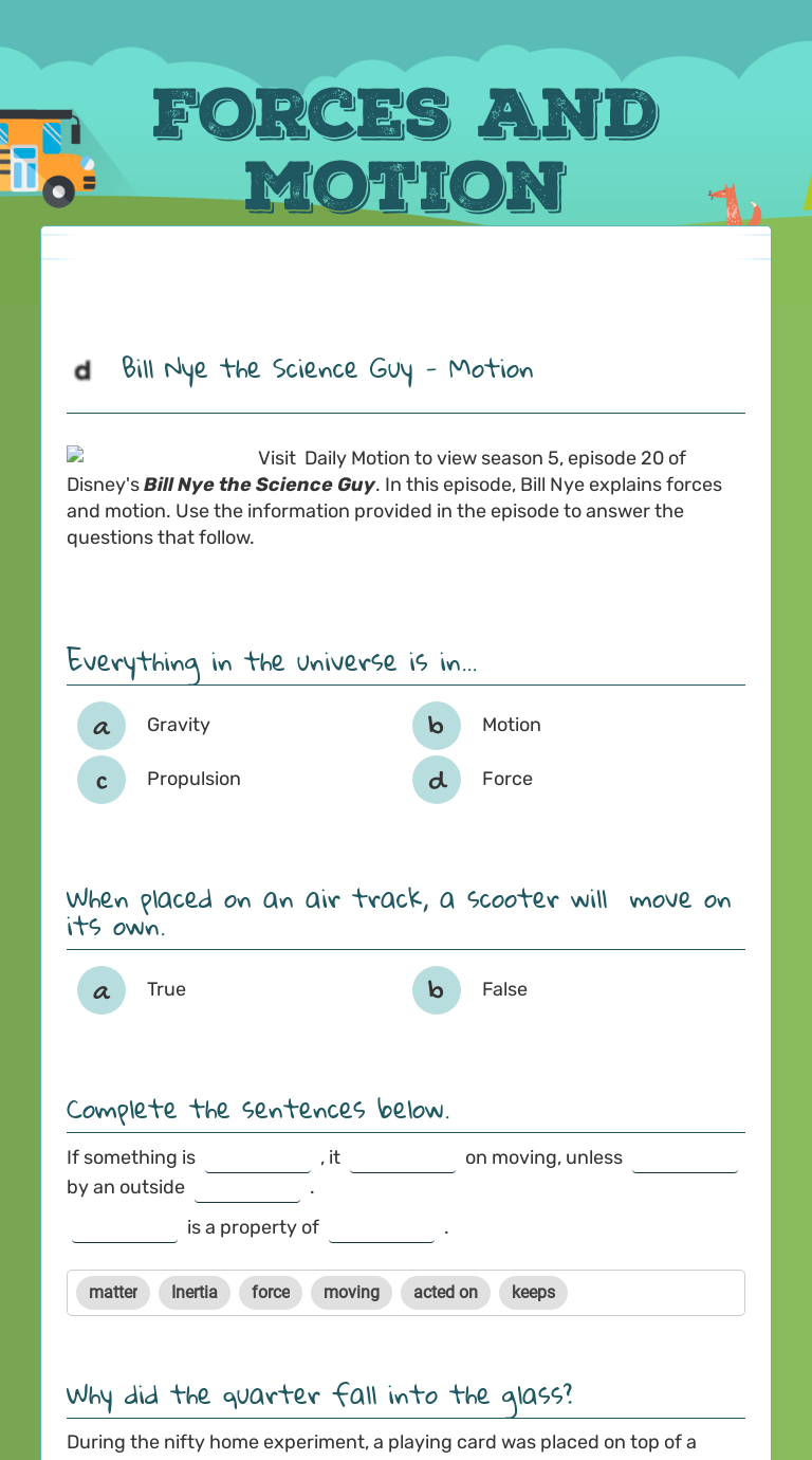 Forces and motion  Interactive Worksheet by Samer Dabous  Wizer.me Inside Bill Nye Motion Worksheet