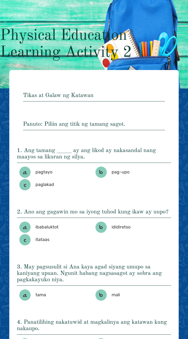 Physical Education Learning Activity 2 worksheet preview