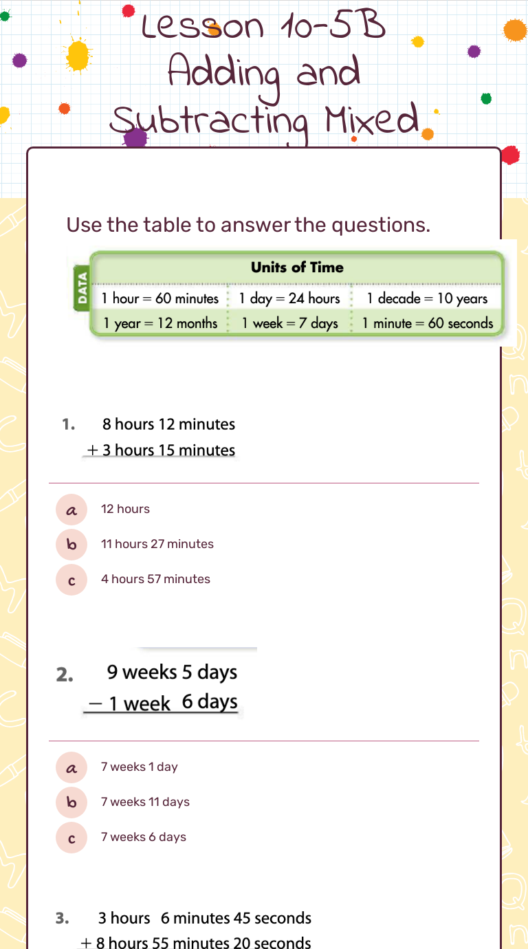 Lesson 105B Adding and Subtracting Mixed Units of Time Interactive