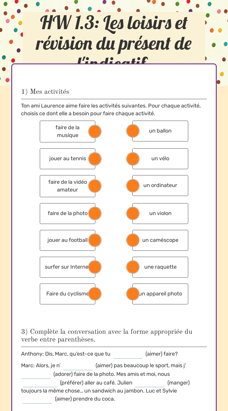 HW 1.3: Les loisirs et révision du présent de l'indicatif. worksheet preview image
