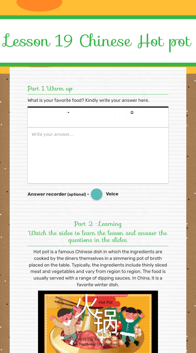 Lesson 19 Chinese Hot pot worksheet preview image