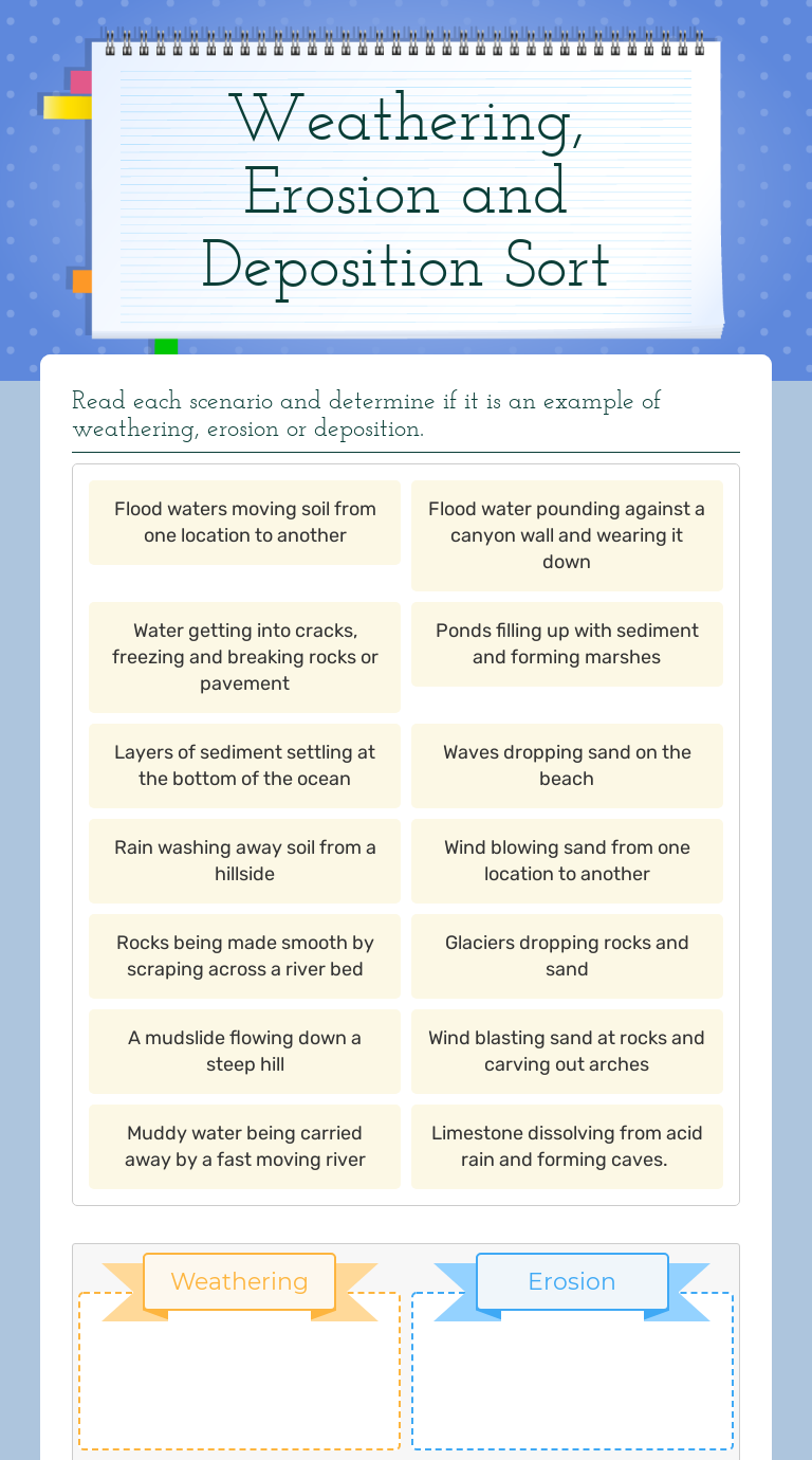 Weathering, Erosion and Deposition Sort  Interactive Worksheet by In Erosion And Deposition Worksheet