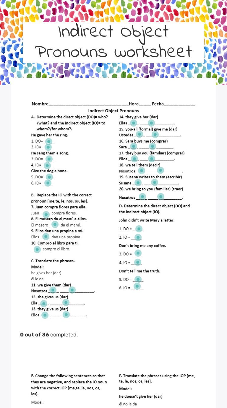 Indirect Object Pronouns worksheet Grade 11 worksheet preview